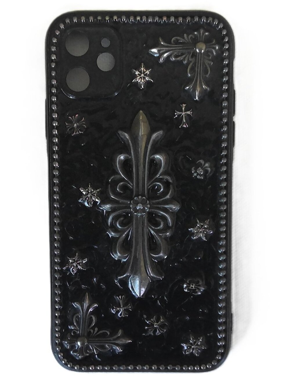 3D iphone 11 Case Black & Antique Silvertone Gothic Cross Baroque Filigree
